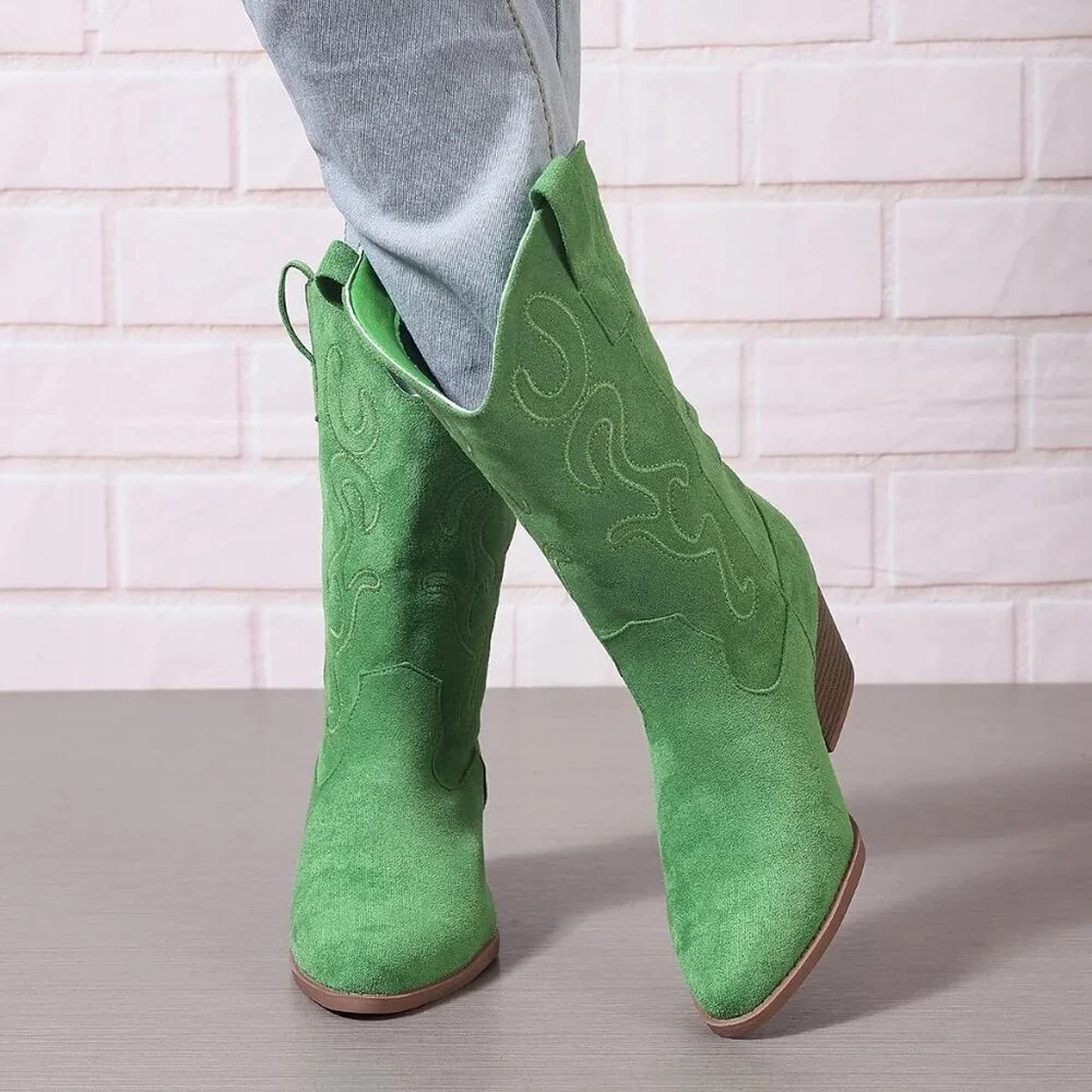 Women's Green Cowgirl Mid Calf Western Embroidery Stitched Chunky Heel Boots